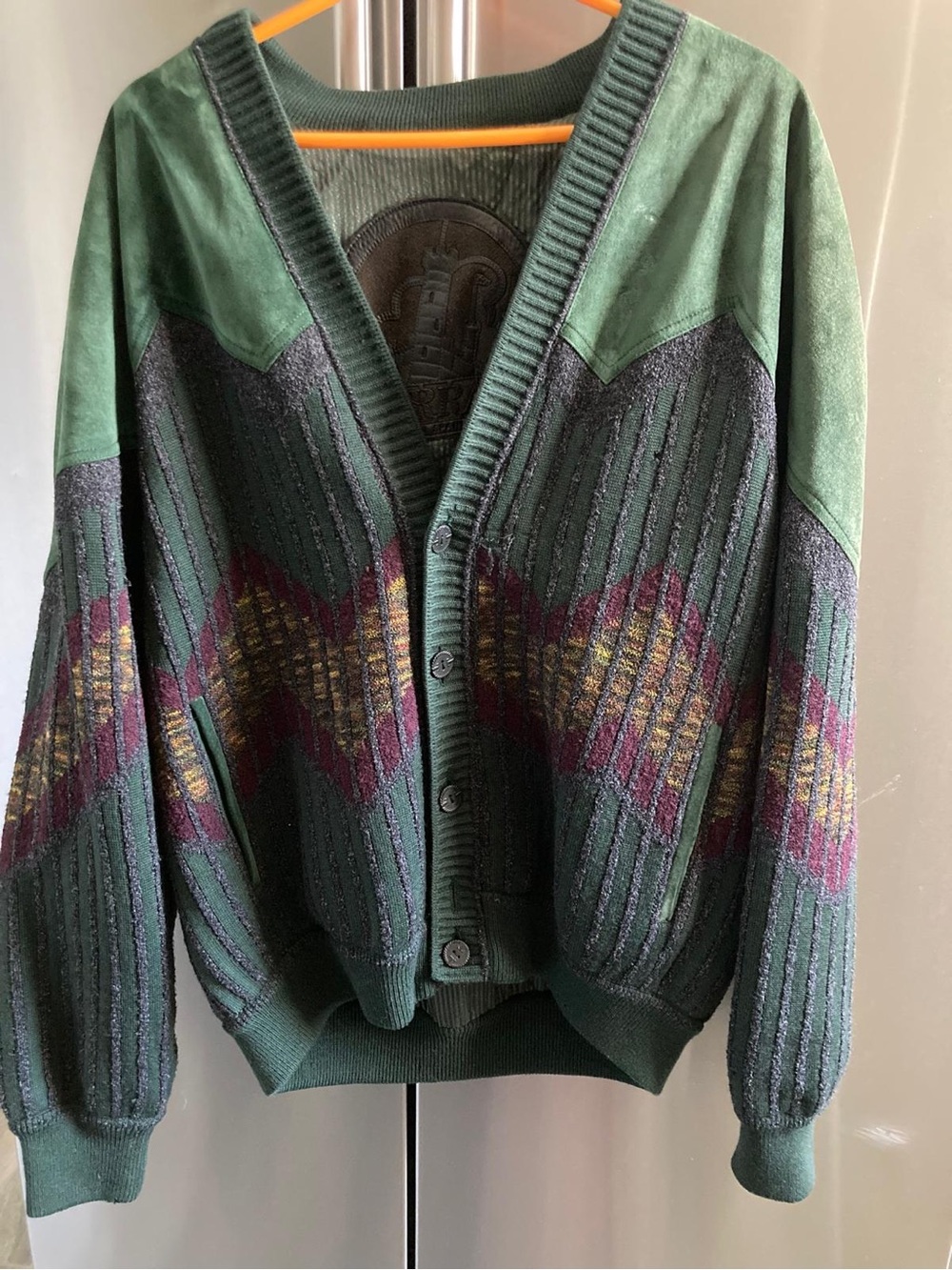 Torras men’s Leather Jacket Green Patterned V‑Neck Button front size 44